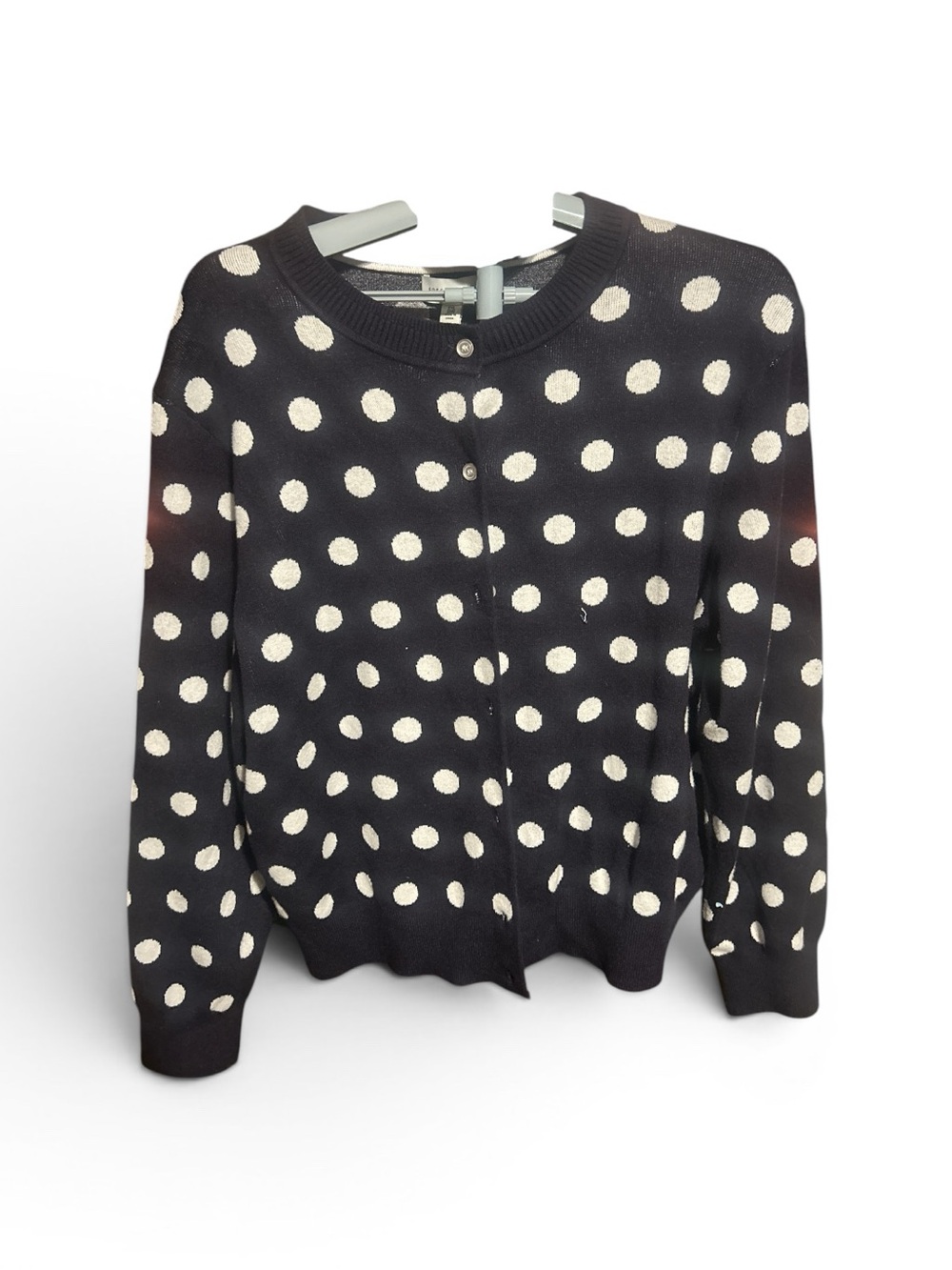 Women's Black Crewneck Cardigan with White Polka Dots